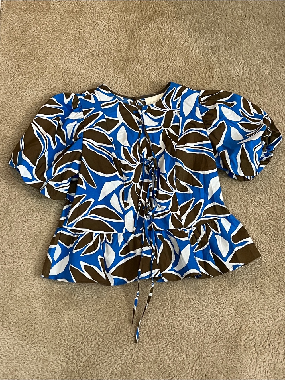 MELLODAY Blue, Brown & White Floral Tie-Front Peplum Top